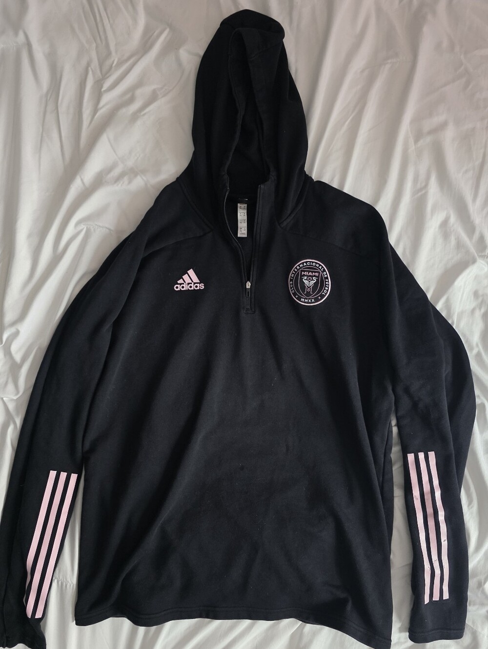 adidas Black Hoodie with Pink Logo and Stripe Accents